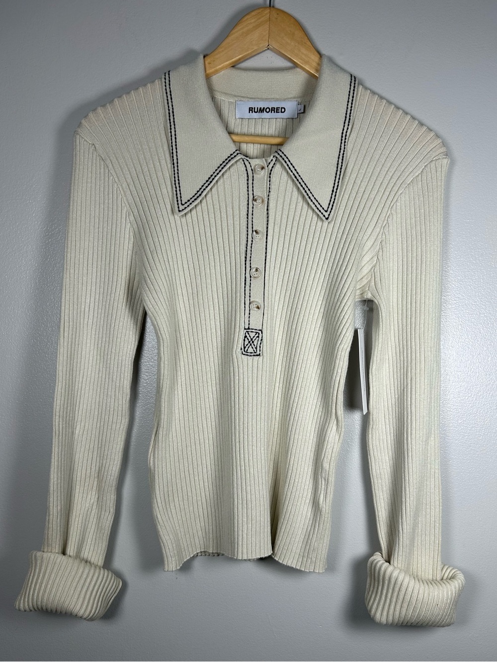 Rumored Ribbed Long Sleeve Polo Sweater Knit Top Cream Contrast Stitch